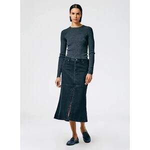 TIBI Black Denim Pocket Front Slit A Line Midi Skirt Size 29
